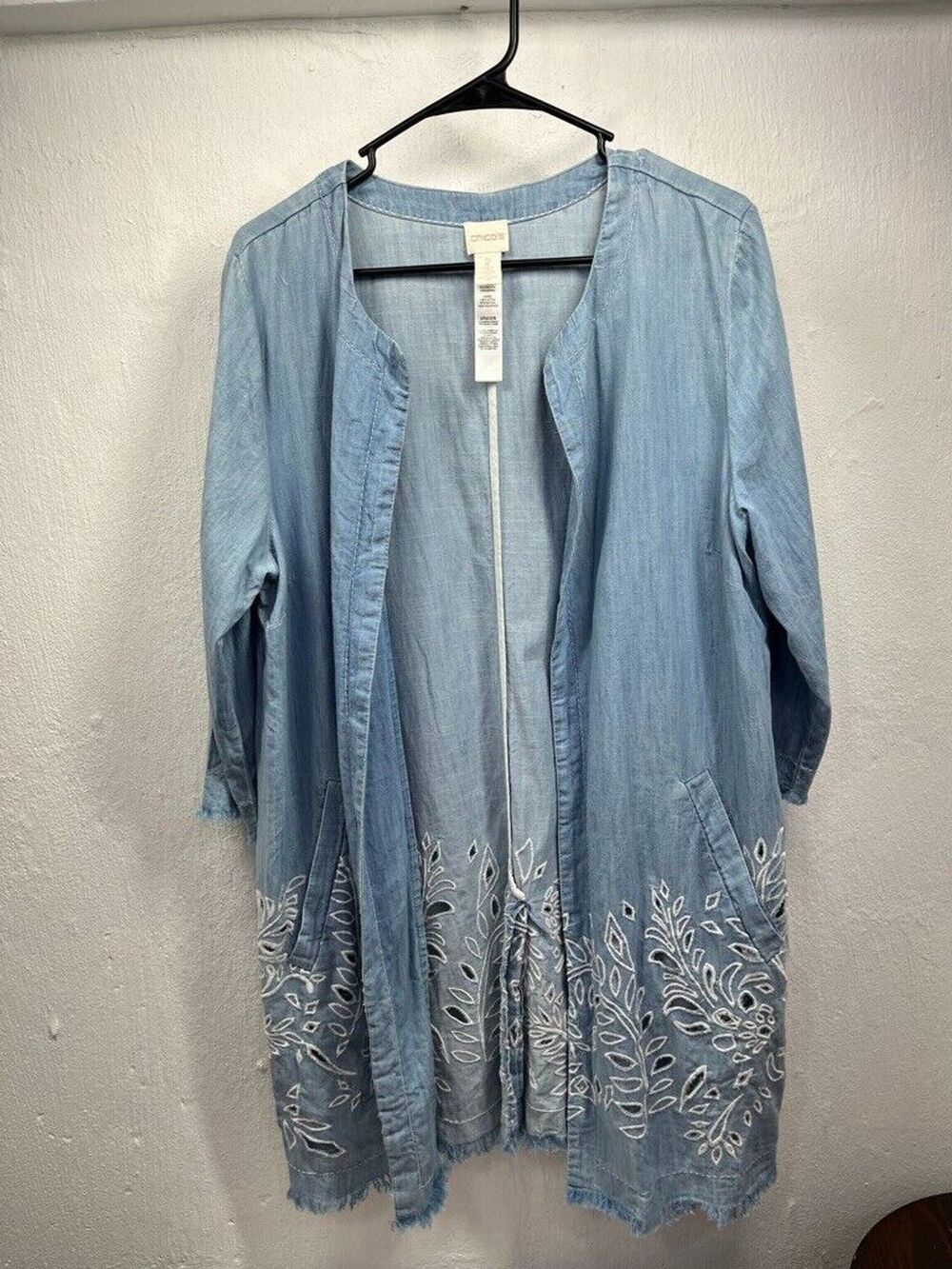 CHICO'S WOMENS OPEN FRONT MIDI CHARDNAY CARDIGAN RAW HEM SIZE 2 12 DUSTER